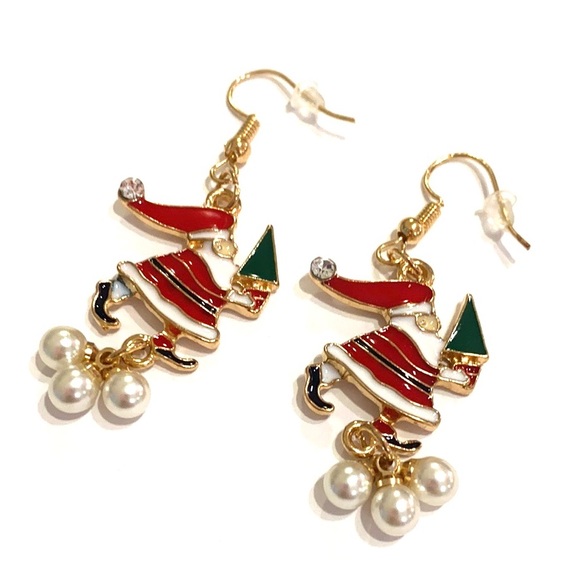 Santa Claus Earrings Dangle Faux Pearl Christmas Gold Tone - Picture 2 of 2